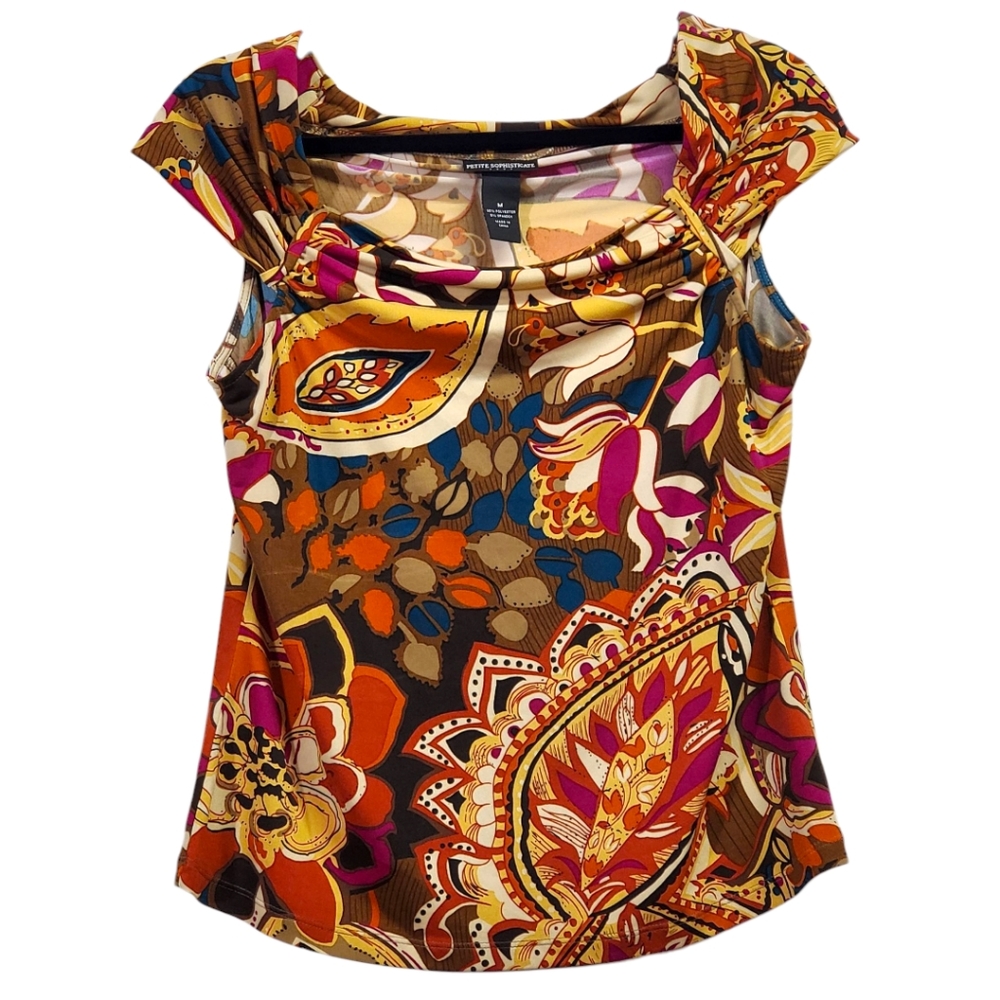 Petite Sophisticate Multicolor Paisley Blouse Size Medium Euc